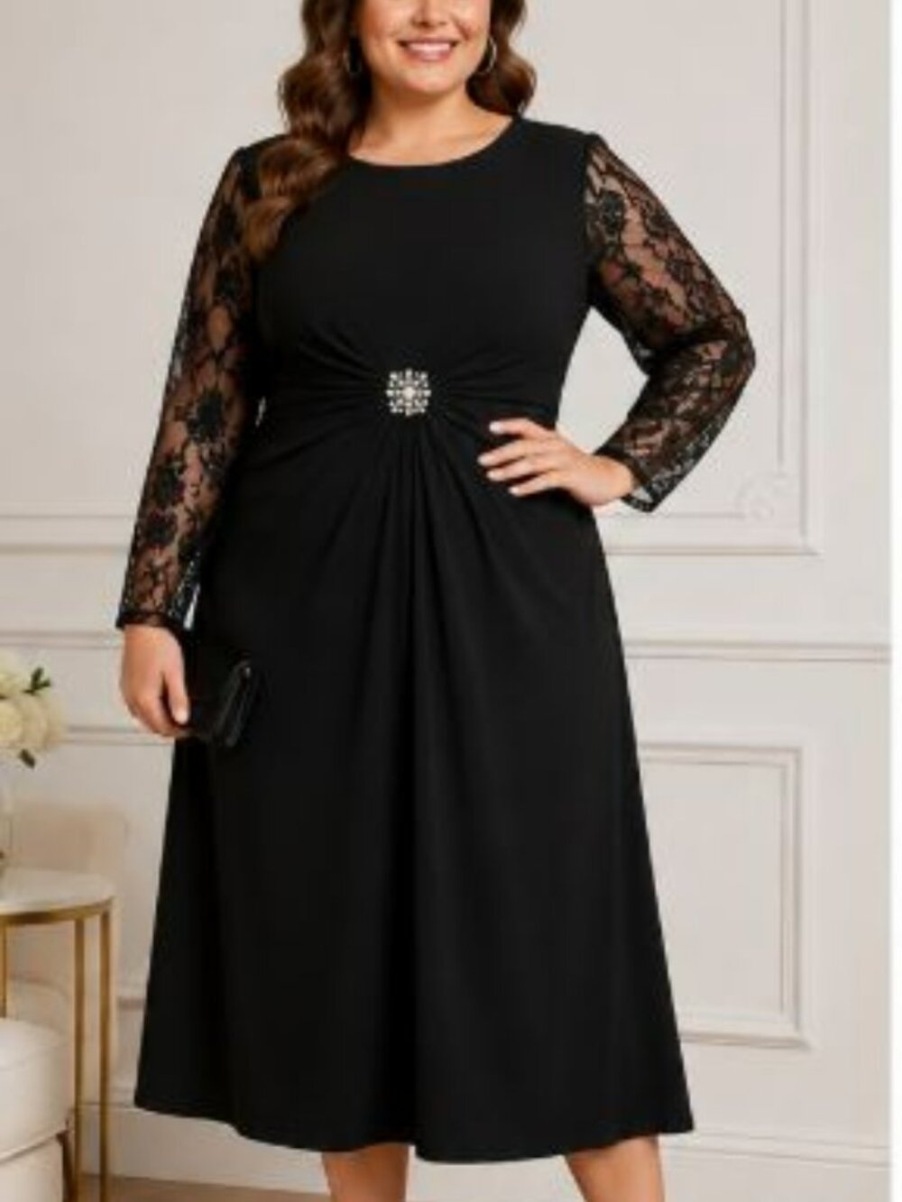 Completely Me Black Dress Size 2X | Crystal Waist Detail | Lace Sleeves | EUC